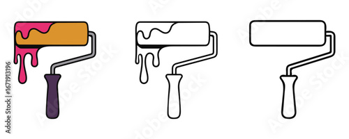 Paint roller vector icon set with color and outline versions, dripping paint illustration isolated on transparent background, renovation tool design.