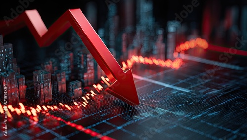 Red arrow plummeting over miniature cityscape; stock market crash or economic downturn