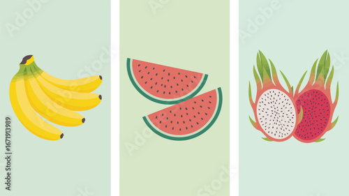 Illustration of bananas, watermelon slices, and dragon fruits in pastel panels, showcasing colorful tropical fruits for fun and educational use