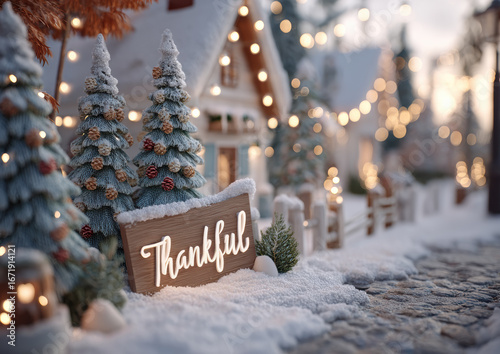 Snow covered village scene with Thankful sign, festive lights, and pine trees creating cozy holiday atmosphere