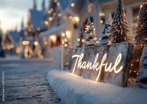 Festive winter scene with glowing Thankful sign amidst snow covered trees and twinkling lights, evoking warmth and gratitude