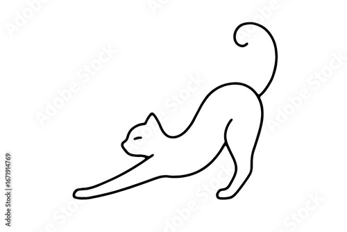 Canvas Print Minimalist black line drawing of a stretching cat silhouette on white background