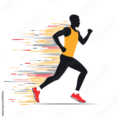 Vector illustration of a male runner with vibrant motion lines. A minimalist graphic design for speed, endurance, and sport concepts.