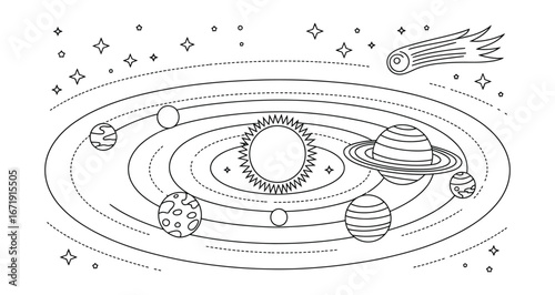 Stylized black and white line drawing of solar system with planets, comet, stars, and moons, symbolizing space, astronomy, and cosmic order