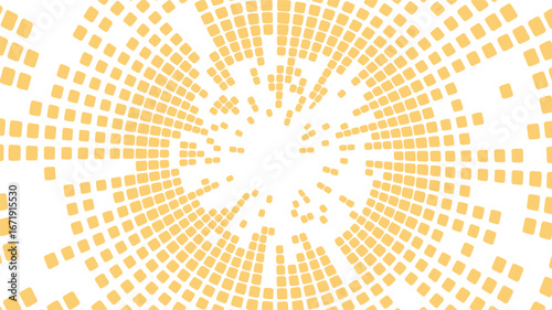 Abstract radial pattern of orange squares on white background, symbolizing motion, expansion, and geometric precision in visual design