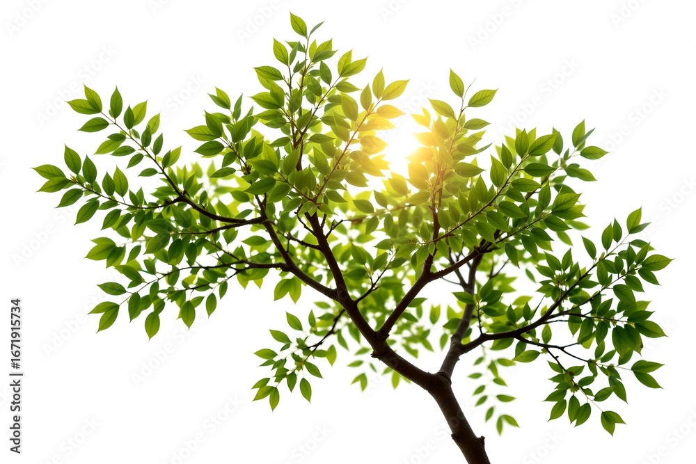 Fototapeta premium Sunlight filtering through the green leaves of a tree, creating a natural and refreshing scene. The light creates a bright and lively atmosphere 