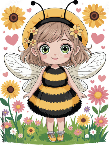 Cute girl in bee costume, cartoon bee child, bumblebee fairy wings, spring flower background, children’s character, adorable fantasy art