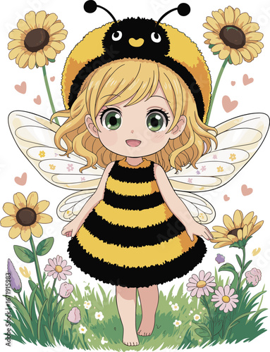 Cute girl in bee costume, cartoon bee child, bumblebee fairy wings, spring flower background, children’s character, adorable fantasy art