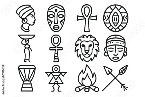African tribal designs icon set. Ethnic culture and tribal art outline collection. Vector icons of Africa, ankh, mask, lion, drum, campfire for web and graphic design.