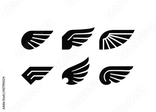 Set of Abstract Black Wing Icons, Minimalist Flat Design