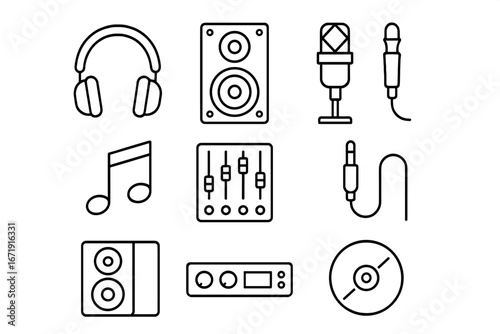 Audio equipment linear icon set. Music studio tools and sound recording outline symbols. Vector graphic collection of microphone, headphones, speaker, mixer, and dj gear icons.