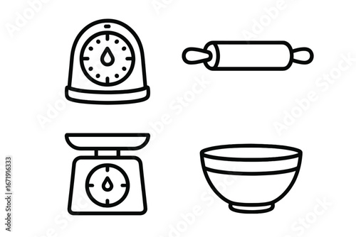 Baking tools outline icon set. Vector illustration of oven timer, rolling pin, kitchen scale, and bowl. Cooking and culinary equipment symbols for kitchen use and recipes.