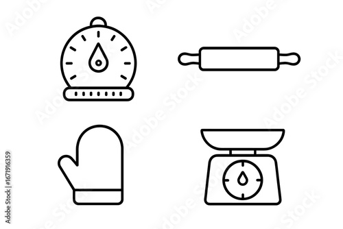 Baking tools outline icon set. Vector linear illustration of kitchen utensils for cooking. Food preparation equipment like oven timer, rolling pin, kitchen scale and glove.