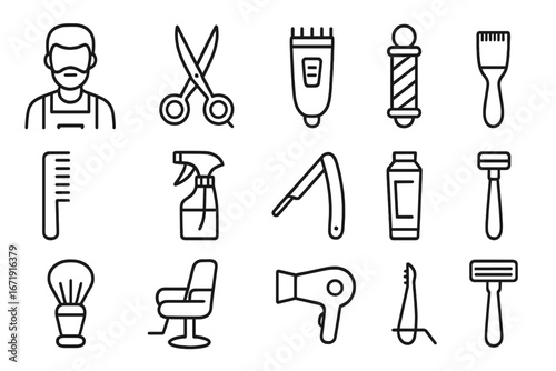 Barber and hairdressing line icon set. Salon tools and equipment for grooming, haircut and shave. Vector outline illustration of razor, scissors, chair, pole and clipper.