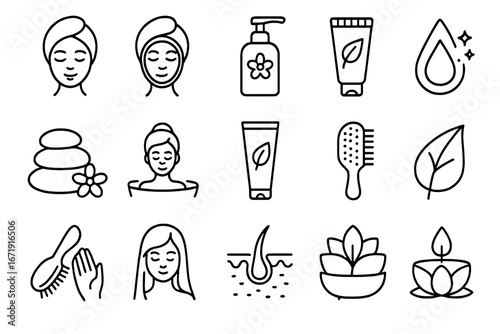 Beauty and self care line icon set. Spa, skin, and hair wellness collection. Natural cosmetic and treatment symbols. Vector for dermatology, cosmetology, hygiene and relaxation.