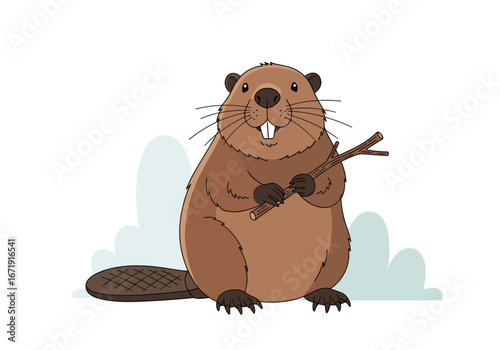 A friendly beaver holding a stick awaiting new construction projects