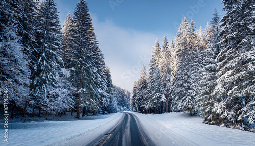snow covered road surrounded by tall pine trees in winter