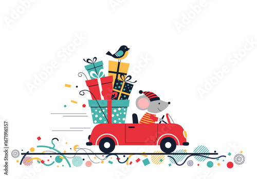 Little mouse driving a red car filled with presents and a bird on top celebrating holidays