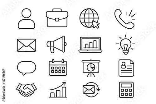 Business communication line icon set. Professional office tools, corporate work symbols. Vector marketing, finance, strategy, contact, management, data thin line icons.