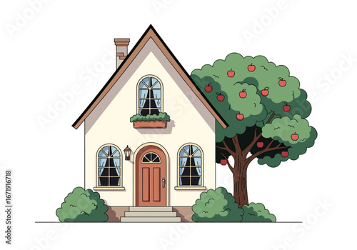 Charming suburban home with lush apple tree and greenery landscape