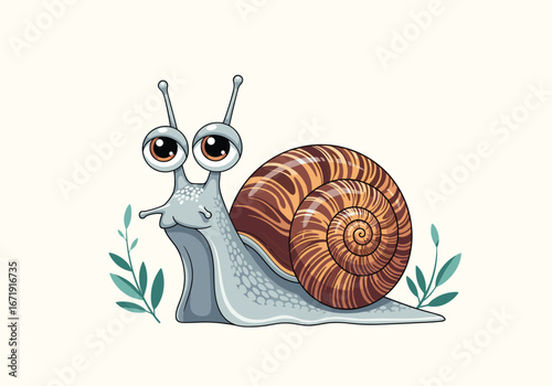 Whimsical pixel art snail with big expressive eyes and swirling shell surrounded by delicate greenery