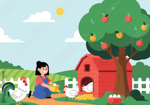 A day on the farm collecting fresh eggs from happy chickens under an apple tree