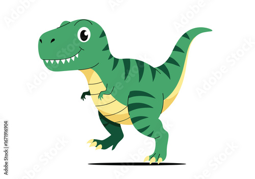 A cute cartoon green tyrannosaurus rex dinosaur walking with a happy expression