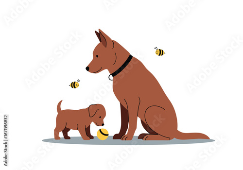 Two brown dogs a puppy and an adult dog playing with a yellow ball with two bees flying around them