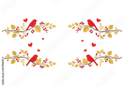 Charming red birds adorned with golden leaves and red berries and floating hearts border design