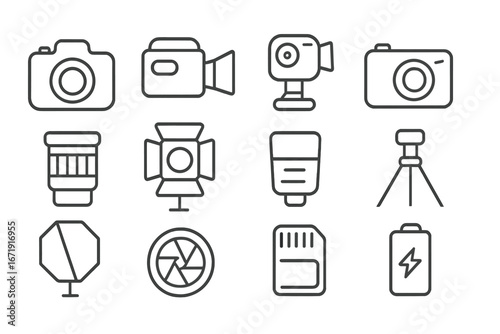 Camera equipment outline icon set. Photography and video gear symbols. Vector line art collection for photographer and filmmaker. Lens, tripod, light, flash, memory card icons.