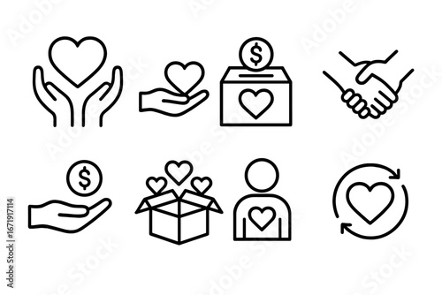 Charity line icon set for donation and fundraising. Vector collection of support, help, and community assistance symbols. Concepts of volunteering, philanthropy, kindness, and love.