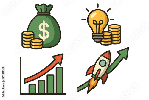Business growth icon set for finance and investment. Startup success symbols with money bag, idea lightbulb, growth chart, and rocket launch. Vector cartoon illustration.
