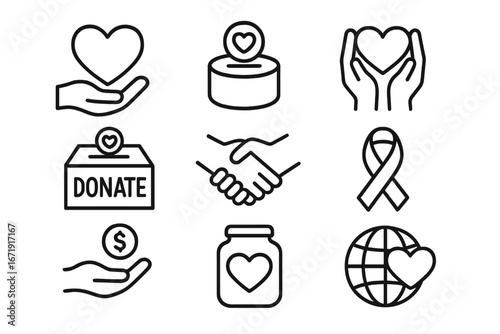 Charity and donation outline icon set. Heartfelt giving, support, and fundraising line art collection. Volunteering, community help, love, care, and social awareness vector symbols.