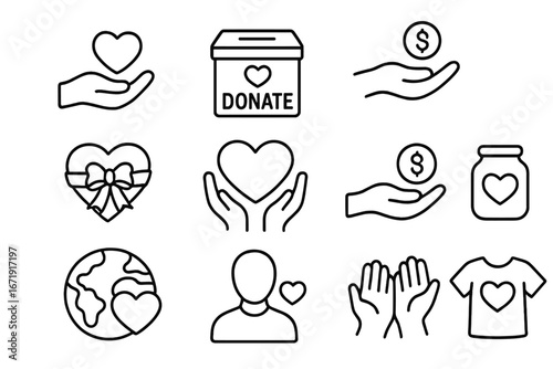 Charity and donation outline icon set. Heartfelt giving and support line art collection. Concepts of philanthropy, fundraising, love, volunteer work, and social care vector.
