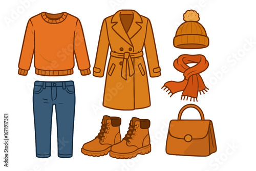 Autumn fashion clothes set. Woman's fall winter outfit collection with trench coat, sweater, jeans, boots, scarf, hat, bag. Vector cartoon flat lay isolated illustration.
