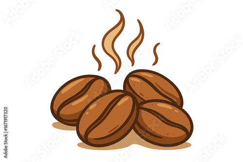 Roasted coffee beans with steam vector icon. Hot steaming coffee beans logo concept for cafe or shop. Aromatic espresso grain illustration for beverage and caffeine themes.