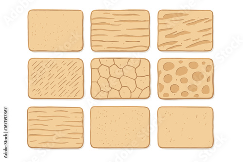 Set of beige textures. Collection of materials and surfaces like wood, sand, cracked earth, cork. Vector cartoon illustration of design elements, swatches, and patterns.