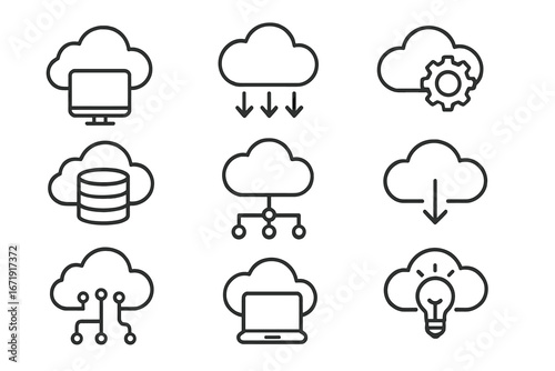 Cloud computing technology vector line icon set. Concepts of data storage, database, network, server, hosting, download and upload. Digital innovation and web service symbols.