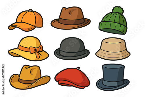Cartoon hats set. Vector illustration of fashion headwear collection. Includes fedora, beanie, cap, sunhat, cowboy, bowler, beret and top hat. Isolated head accessory icons.