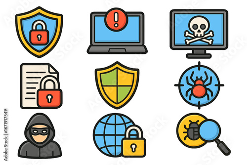Cybersecurity icon set. Hacker, virus, data protection, internet security concepts. Antivirus, malware, phishing, bug, shield, padlock symbols. Vector illustration pack.