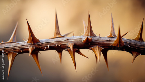close up of a thorny branch showcasing sharp brown thorns against a blurred beige background the texture of the wood is visible emphasizing the harshness of the thorns generative ai