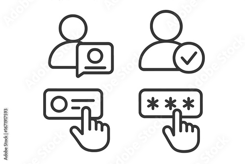 Set of user interface line icons for login and security. Vector symbols for user verification, password entry, account access, and authentication in digital applications. Web UI kit.