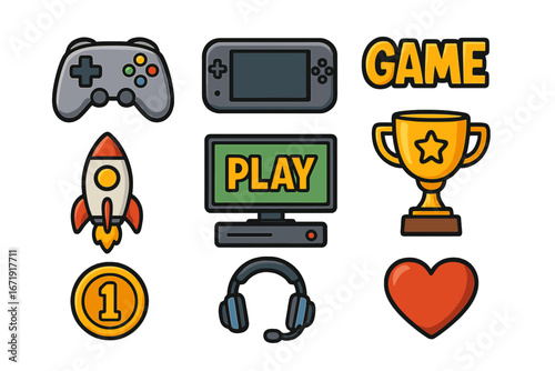 Video game icon set. Cartoon gaming elements with gamepad, console, trophy, rocket, coin, headset, heart. Vector illustration for gamer culture, esports, streaming, sticker.