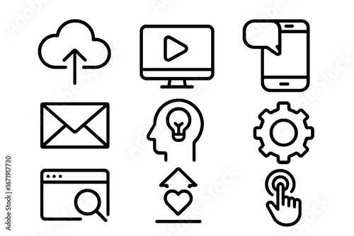 Set of universal linear icons for web design, mobile apps, and digital marketing. Vector outline UI UX interface elements. Cloud, video, chat, mail, idea, settings, search, home, click.