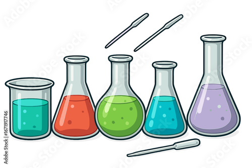 Laboratory glassware set. Beakers, flasks, pipettes for science experiment. Chemistry research concept. Vector illustration for chemical or medical test. Biology lab icons.