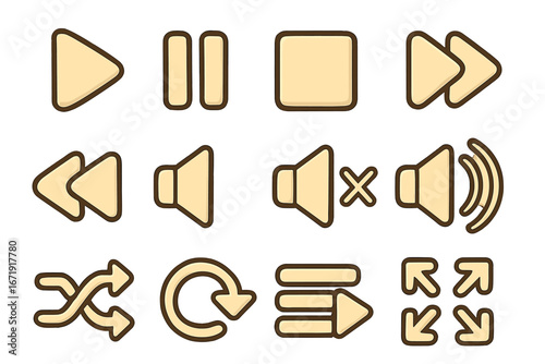 Set of media player control icons. Vector cartoon button collection for multimedia applications. Play, pause, stop, forward, rewind, volume, mute, shuffle, repeat signs.