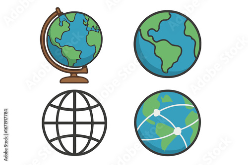 Set of globe icons vector illustration. Earth planet symbol collection for web, geography, travel and global business. World map, network connection and internet concept design.