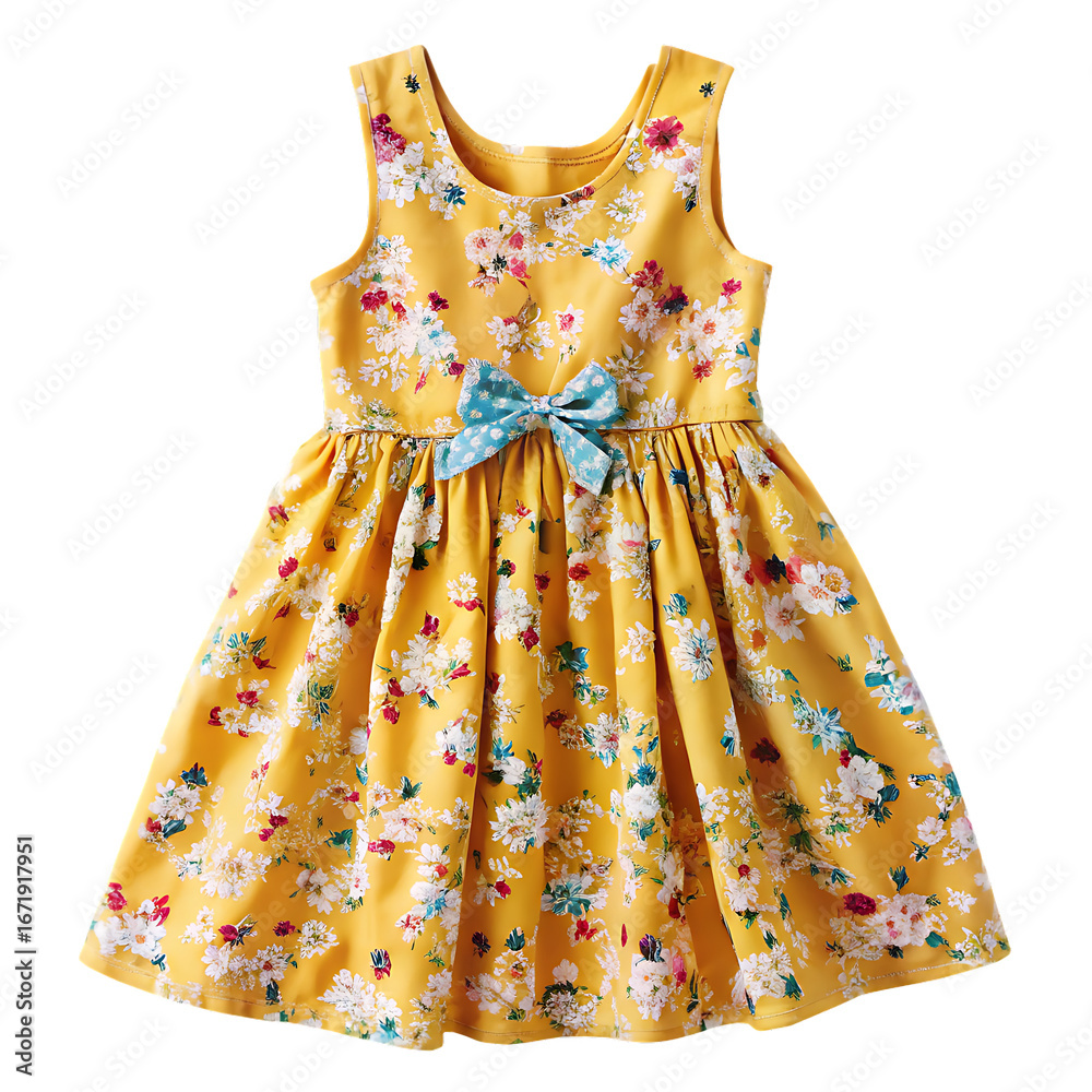 Obraz premium Charming Yellow Floral Girl's Summer Dress isolated on white background ,PNG. AI Generated.