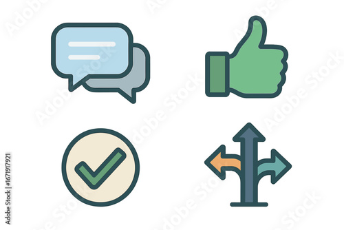 Communication and decision making flat icon set. Vector symbols for messaging, approval, direction, and feedback. Business strategy, choice, and project management concept.