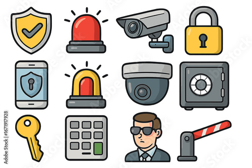 Security and protection icon set. Vector symbols for safety systems. CCTV camera, alarm, lock, safe, guard, shield. Surveillance and access control concept cartoon illustration.